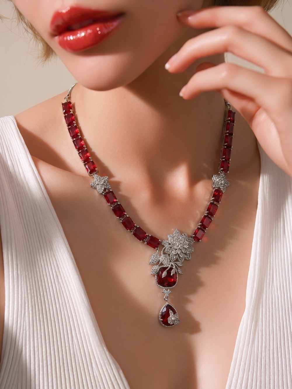 Elegant Red Crystal Floral Drop Necklace - Women Jewelry